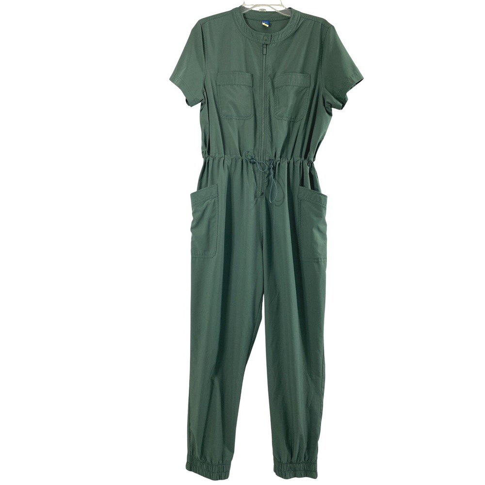 Womens Jumpsuit Size Large Stretchtech Green Zip Front Utility Athleisure Travel